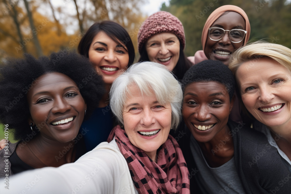 Generative ai middle age happy smiling group multiethnic taking selfie
