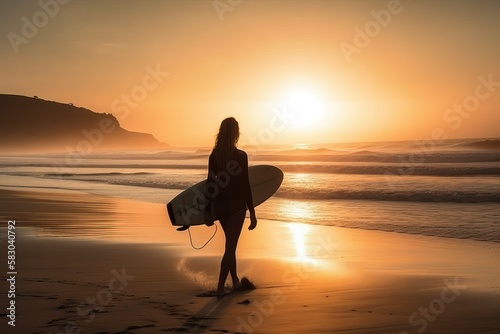 Surfer walking with surfboard on the beach at sunrise, silhouette (Ai generated) © thesweetsheep