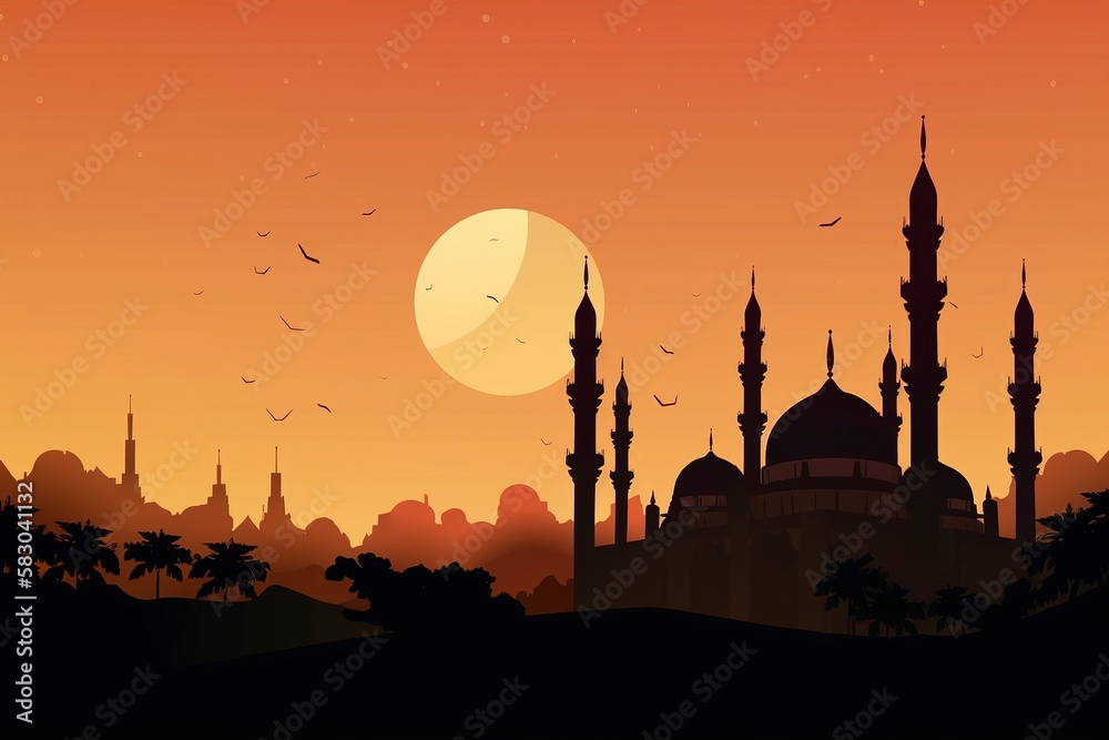 Shilhoutte of mosque with moon in the background. Generative Ai