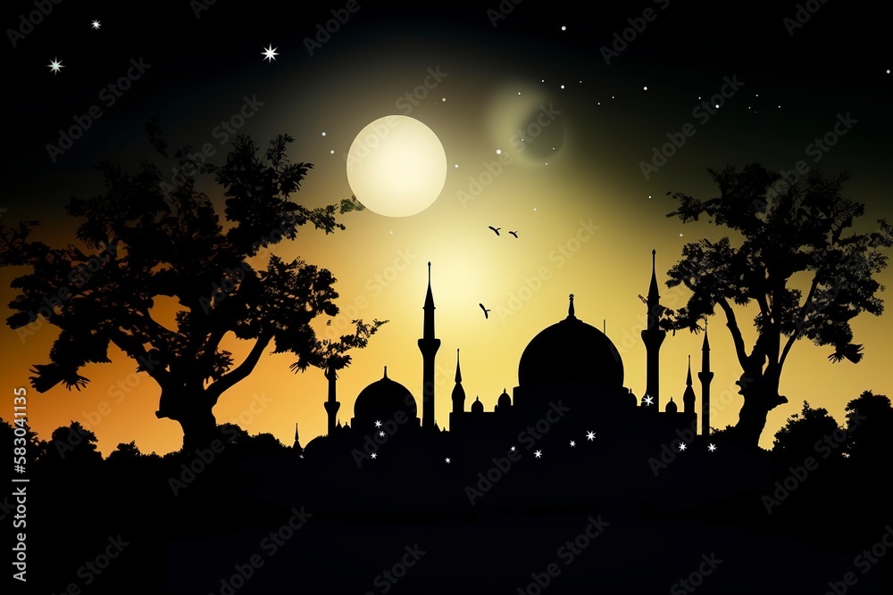Shilhoutte of mosque with moon in the background. Generative Ai Shilhoutte of mosque with moon in the background. Generative Ai