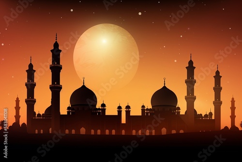 Shilhoutte of mosque with moon in the background. Generative Ai