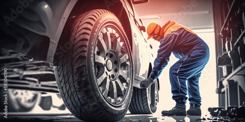 Generative AI illustration of male worker checking car