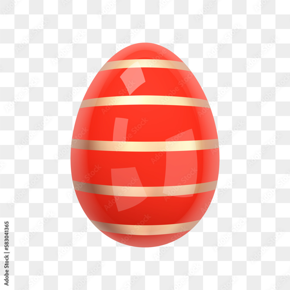 Red Shiny Easter Egg with Gold Stripes. Image of a glossy red-gold egg isolated on a transparent background. Realistic eggshell. 3d decoration for easter design. 3D vector illustration