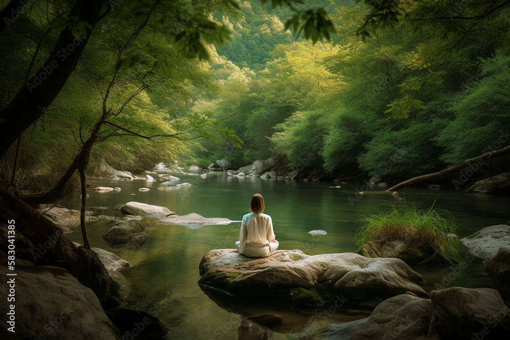 A girl meditating in a quiet space, or doing yoga in a natural setting. (AI) A girl meditating in a quiet space, or doing yoga in a natural setting. (AI)