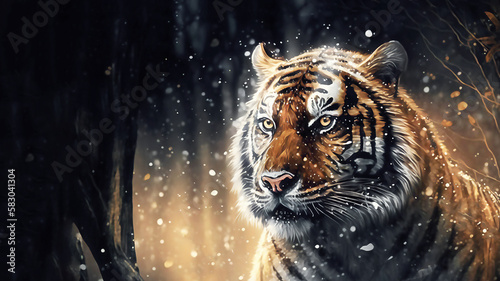 Tiger in a natural habitat in winter. AI generated illustration