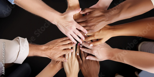 Generative AI image of anonymous diverse persons stacking hands