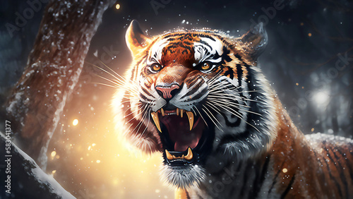 Tiger in a natural habitat in winter.  AI generated illustration