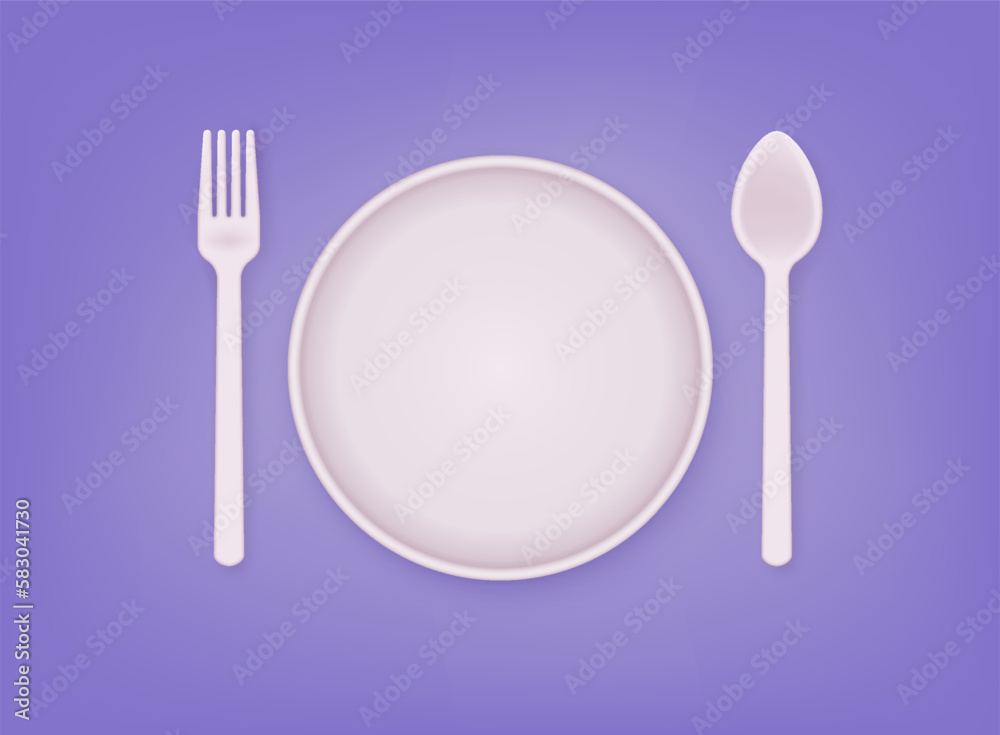 White dish plate with fork and knife icon. 3D Web Vector Illustrations. White dish plate with fork and knife icon. 3D Web Vector Illustrations.