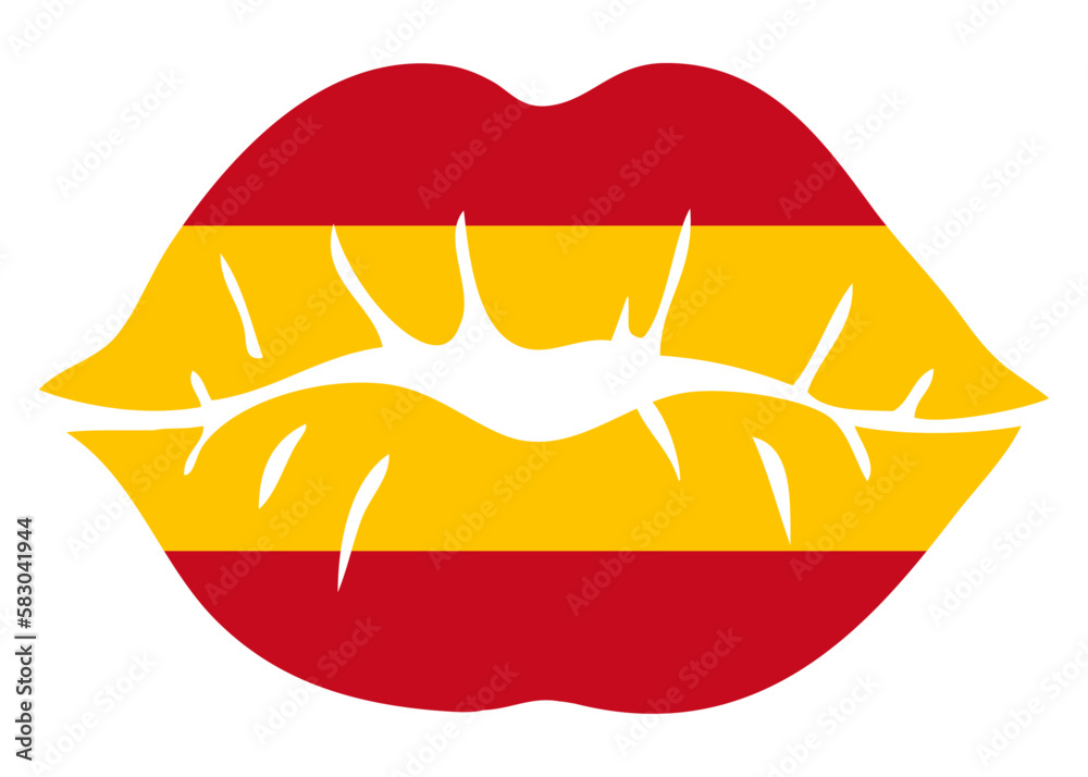 Logo I love Spain. Silueta aislada de labios de mujer con los colores de la bandera de España - obrazy, fototapety, plakaty 