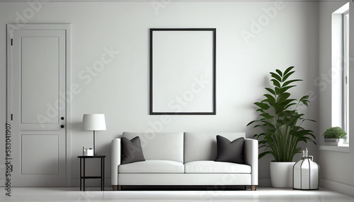 Blank white frame mockup on a wall for print, photo, painting, artwork presentation, display. Generative AI © Na ZIm