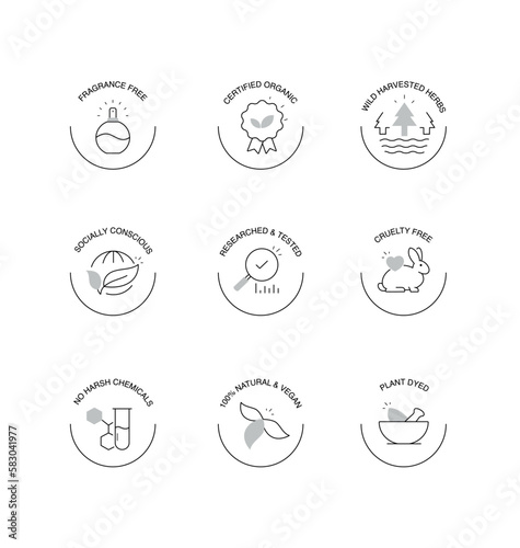 Clean and organic Beauty Icon badges. Vector Editable stroke gray icons.