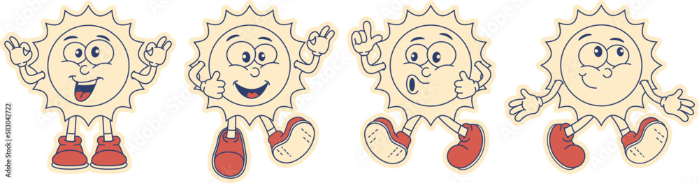 Retro groovy sun in 70s style in monochrome colors. Sticker, banner, sun smiles, wonders, laughs. Cartoon retro style bright sun 80s90s. Vector illustration. Retro groovy sun in 70s style in monochrome colors. Sticker, banner, sun smiles, wonders, laughs. Cartoon retro style bright sun 80s90s. Vector illustration.