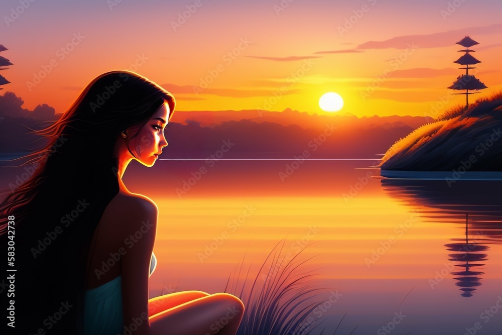 
A young beautiful girl with long hair sits on the river bank, admires the spring or summer landscape, looks at the sunset. Artwork generated by AI