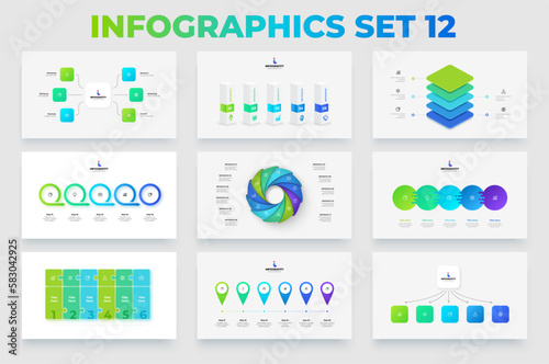 Set of abstract infographic elements. Flowcharts, cycle, puzzle and timelines with 4, 5, 6 and 11 options