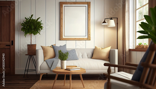 Blank white frame mockup on a wall in farmhouse living room interior 3d render for print, photo, painting, artwork presentation, display. Generative AI © Na ZIm