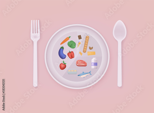 Healthy food and dieting concept. Plan your meal infographic with dish and cutlery. 3D Web Vector Illustrations.