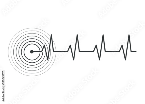  Earthquake, rupture, seismic activity, shock location, magnitude icon in black and gray colors. Vector illustration.