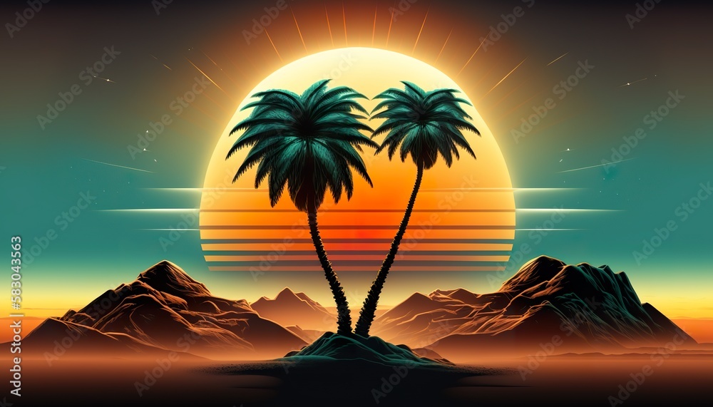 Beautiful Two palm trees. synth wave landscape . Creative illustration. (Ai Generate)