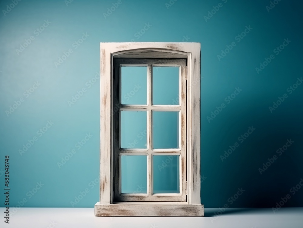 Obraz premium Isolated White Wooden Window Against Plain Blue Background