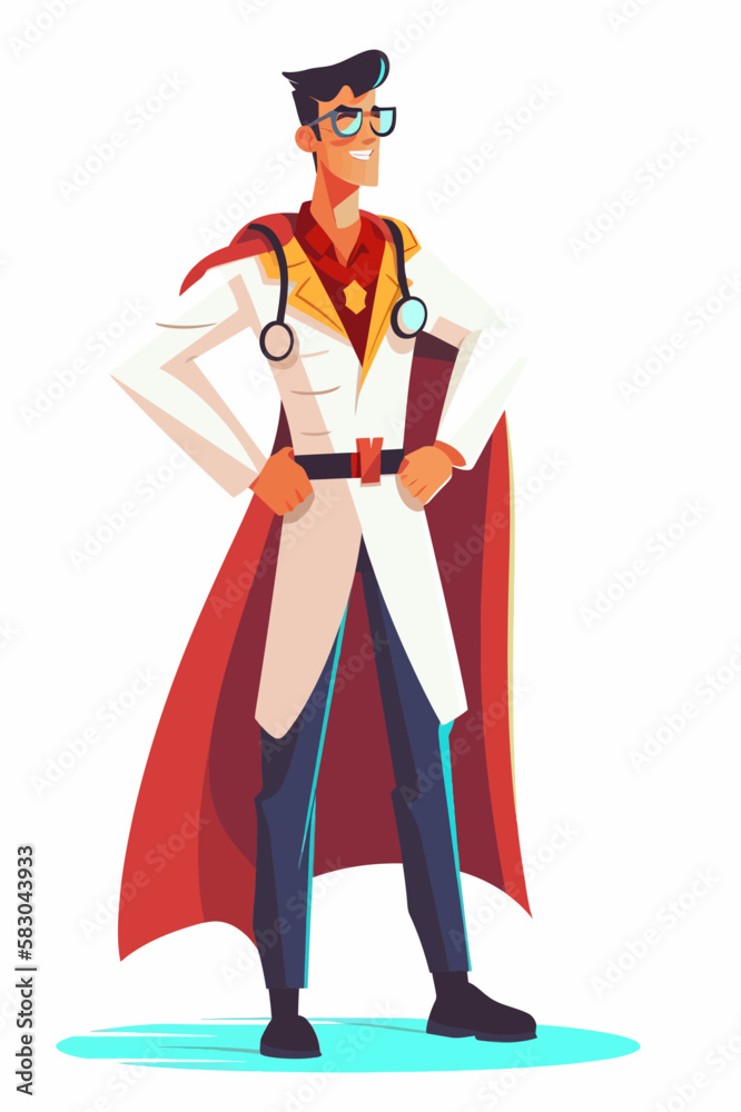 Doctor super-hero in a medical uniform, National doctors day celebration. Vector isolated cartoon style drawing.