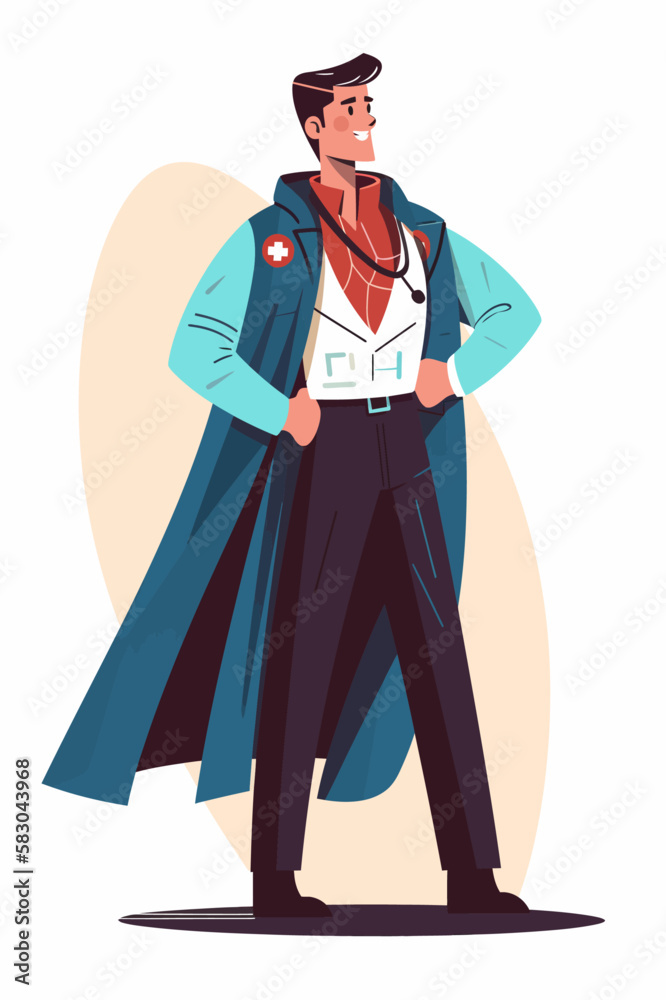 Doctor super-hero in a medical uniform, National doctors day celebration. Vector isolated cartoon style drawing.