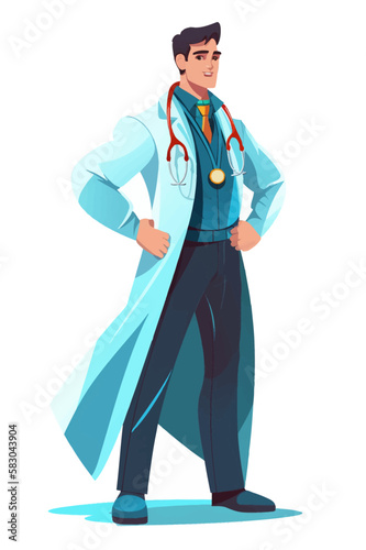 Doctor super-hero in a medical uniform, National doctors day celebration. Vector isolated cartoon style drawing.