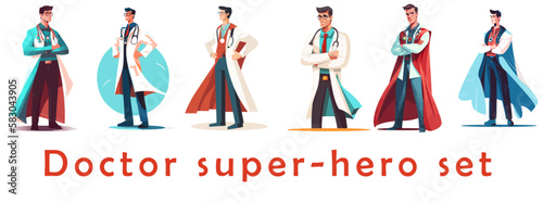 Set of illustrations of Doctor super-hero in a medical uniform, National doctors day celebration. Vector isolated cartoon style drawing.