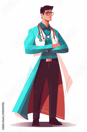 Doctor super-hero in a medical uniform, National doctors day celebration. Vector isolated cartoon style drawing.