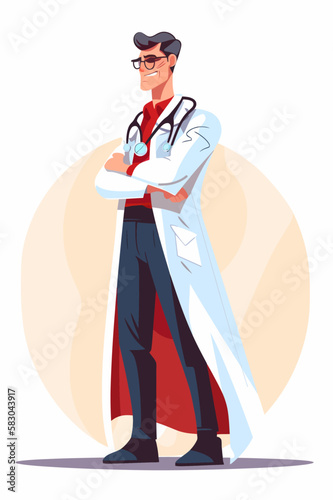 Doctor super-hero in a medical uniform, National doctors day celebration. Vector isolated cartoon style drawing.