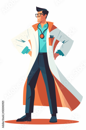 Doctor super-hero in a medical uniform, National doctors day celebration. Vector isolated cartoon style drawing.