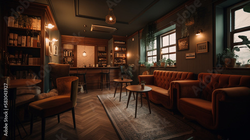 A cozy coffee shop with warm lighting and comfy armc Generative AI  photo