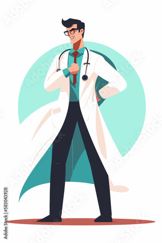 Doctor super-hero in a medical uniform, National doctors day celebration. Vector isolated cartoon style drawing.