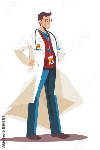 Doctor super-hero in a medical uniform, National doctors day celebration. Vector isolated cartoon style drawing.