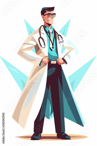 Doctor super-hero in a medical uniform, National doctors day celebration. Vector isolated cartoon style drawing.