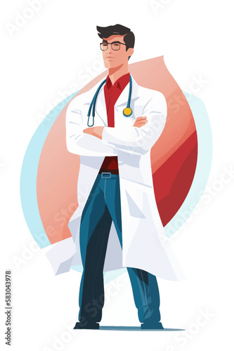 Doctor super-hero in a medical uniform, National doctors day celebration. Vector isolated cartoon style drawing.