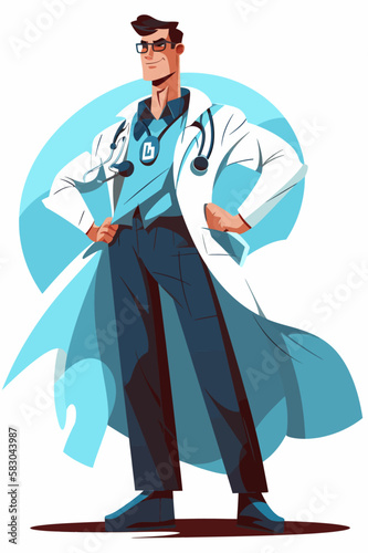 Doctor super-hero in a medical uniform, National doctors day celebration. Vector isolated cartoon style drawing.