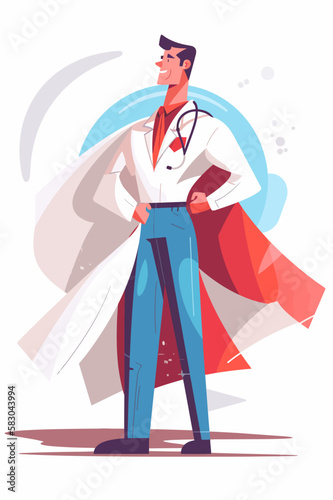 Doctor super-hero in a medical uniform, National doctors day celebration. Vector isolated cartoon style drawing.