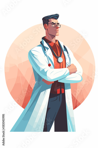 Doctor super-hero in a medical uniform, National doctors day celebration. Vector isolated cartoon style drawing.