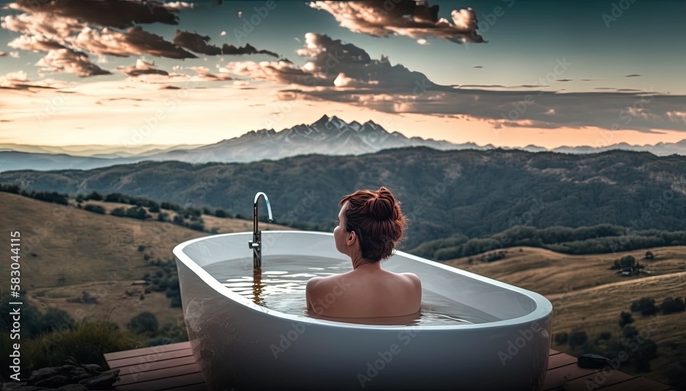 Young woman take bath outdoor at sunset, girl rear view to nude back
