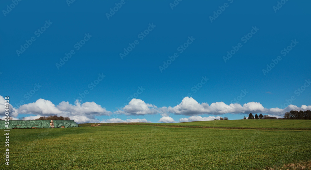 Flache Landschaft, grüne Felder schöne Wolken