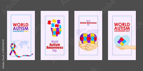 Vector illustration of World Autism Awareness Day social media story feed set mockup template