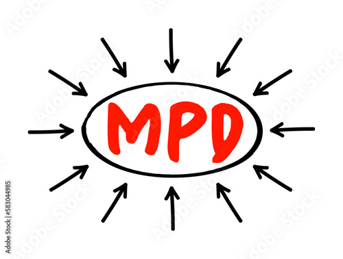 MPD Multiple Personality Disorder - mental disorder characterized by the maintenance of at least two distinct and relatively enduring personality states, acronym text with arrows