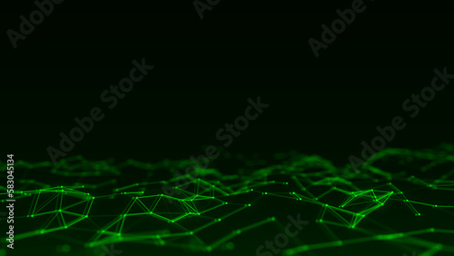 Green wave with motion dots and lines. Abstract digital glitch background. Concept connection big data. Futuristic technology backdrop. 3D rendering.