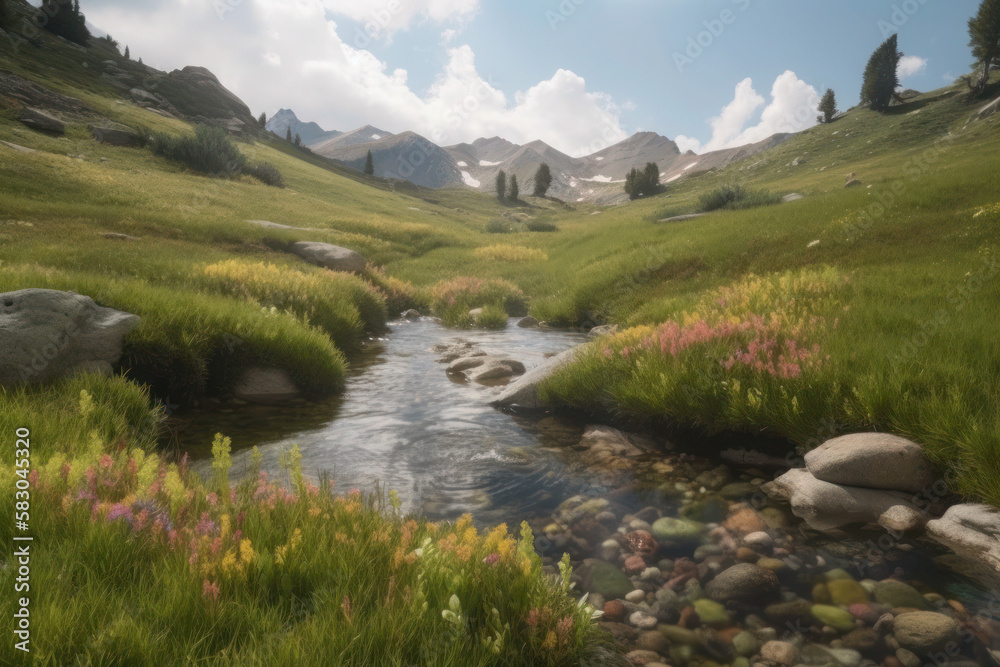 alpine landscape spring summer mountains streams rainbow nature sky generative ai alpine landscape spring summer mountains streams rainbow nature sky generative ai