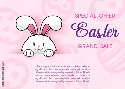 Cute bunny hide and seek with sale wording, example texts on abstract pattern and pink background. Happy Easter sale banner in vector design.