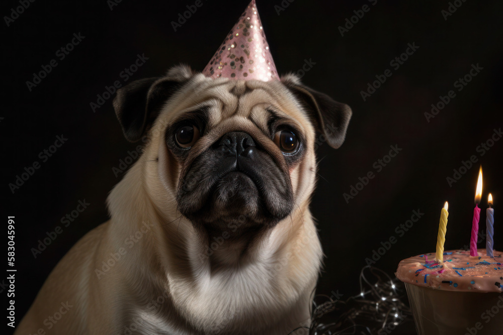 funny pug in a birthday cap on a dark background portet dog sad generative ai