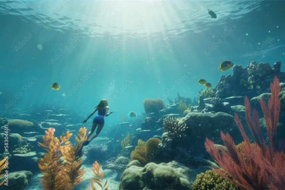 sea snorkeling girl view underwater coral reef generative ai sea snorkeling girl view underwater coral reef generative ai