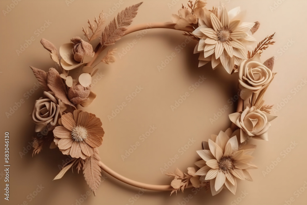 Beautiful brown background with flowers and copy space. Empty space for text. Frame, beige backdrop. Generative AI.