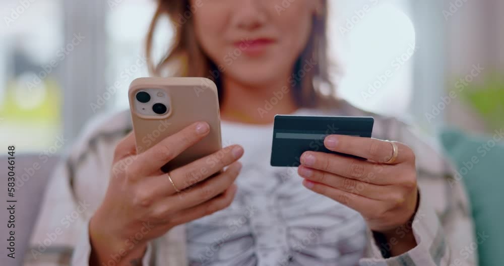 Hands, phone and woman with credit card for online shopping, payment or digital banking in home. Ecommerce, fintech and female with mobile smartphone for sales, buying or purchase on internet store. Hands, phone and woman with credit card for online shopping, payment or digital banking in home. Ecommerce, fintech and female with mobile smartphone for sales, buying or purchase on internet store.