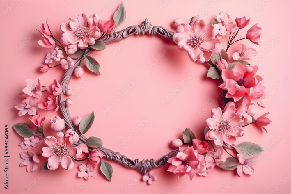 Beautiful pink background with flowers and copy space. Empty space for text. Frame, backdrop. Summer, spring, blossom. Woman's or Mother's Day, Birthday. Generative AI.
